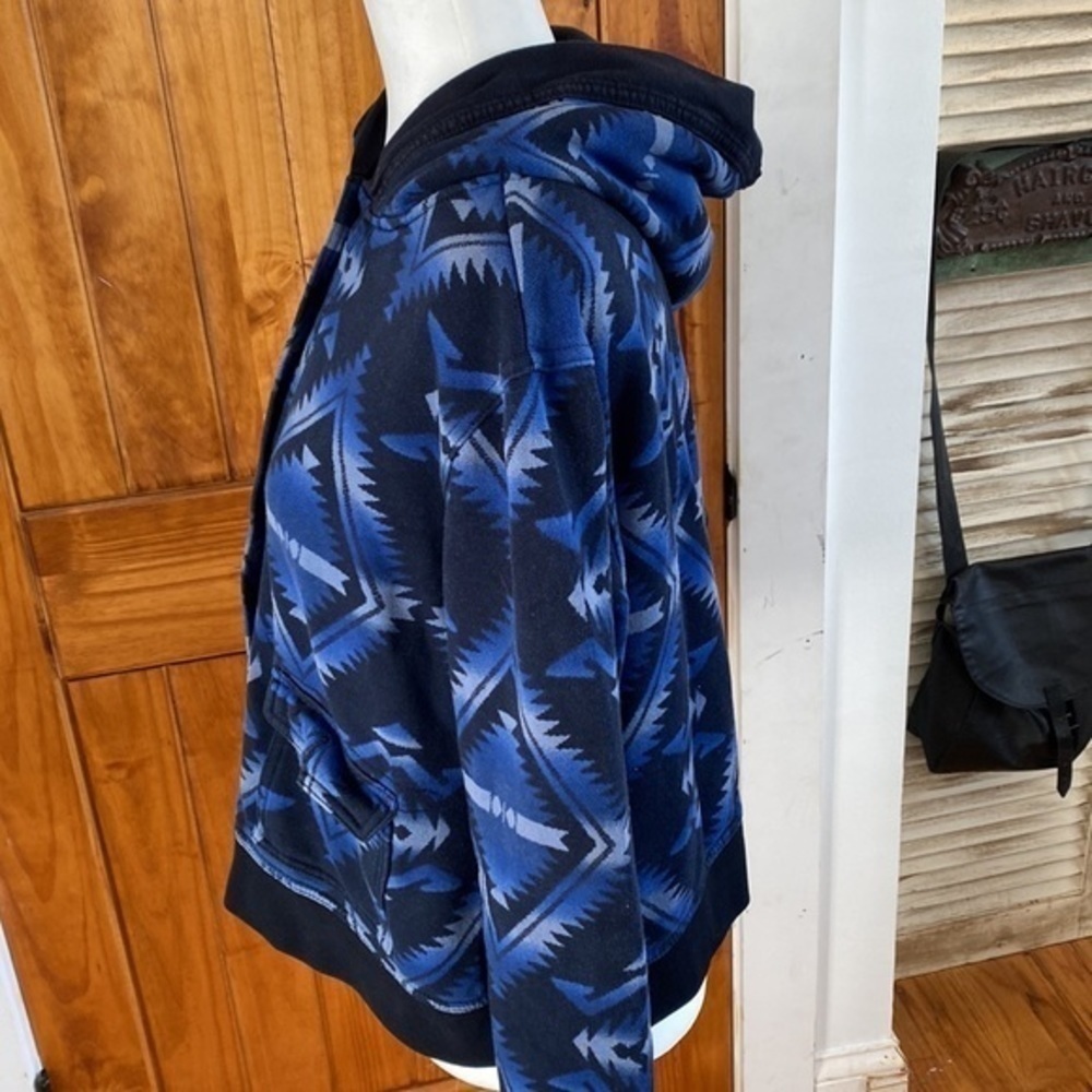Vintage Ralph Lauren blue black knit Navajo Print button up jacket hoodie - Picture 2 of 12